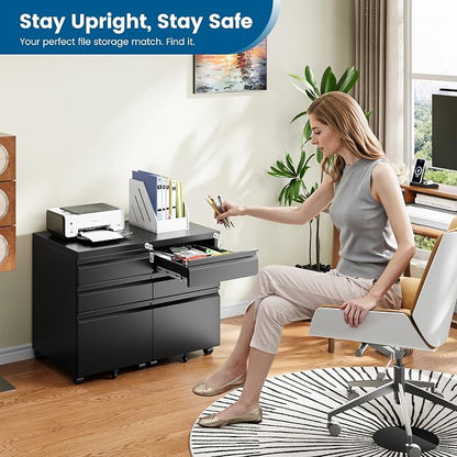 PEUKC 3 Drawers Mobile File Cabinet with Lock, Under Desk Rolling File Cabinet for Home Office, Organizes Letter Legal A4 Files, Black(Assembly Required)