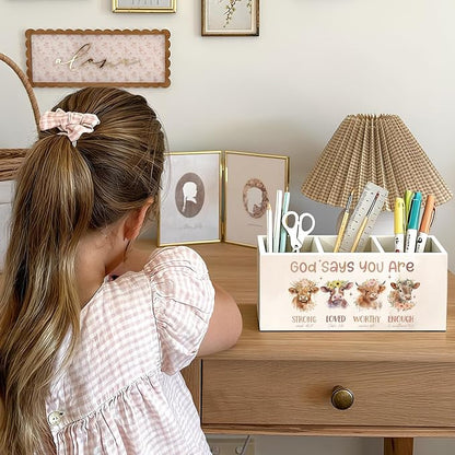 Highland Cow Christian Pen Pencil Holder for Desk, Christian Gifts for Women, God Says You Are Bible Verse Western Highland Cow Wooden Box Sign Decorations for Home Office Desk Tabletop