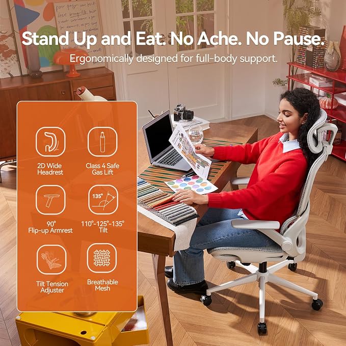 SIHOO B100 Office Chair, Comfy Ergonomic Office Chair, High Back Computer Chair with Adaptive Lumbar Support & Wide Headrest, Flip-up Armrests, Swivel Desk Chair for Long Hours, Grey
