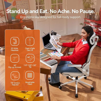 SIHOO B100 Office Chair, Comfy Ergonomic Office Chair, High Back Computer Chair with Adaptive Lumbar Support & Wide Headrest, Flip-up Armrests, Swivel Desk Chair for Long Hours, Grey
