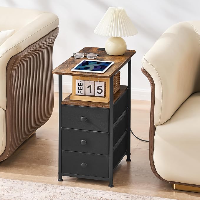 DALEMHOME Narrow End Table with Charging Station, Narrow Side Table with 3 Fabric Drawers, Slim Nightstand with LED Light, Small Table with Storage, Living Room, Bedroom, Rustic Brown HKET1303BR
