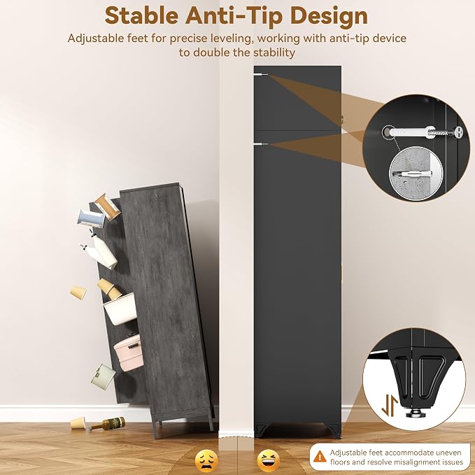 Polup 90" Tall Metal Kitchen Pantry Storage Cabinet with Doors and Shelves | Black Heavy Duty Steel Cabinet,Golden Handle,5 Adjustable Shelves,Louvered Doors,Anti-tipping,2 packages,garage,Dining room