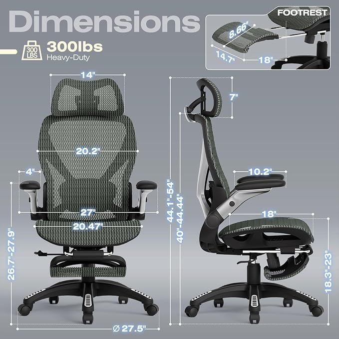 ELABEST X100 Ergonomic Mesh Office Chair with Footrest, Big and Tall Hone Desk Chair with 5D Flip-Up Arms, Adjustable 3D Lumbar Support,Gaming & Executive Computer Chairs for Long Hours (Dusty Sage)