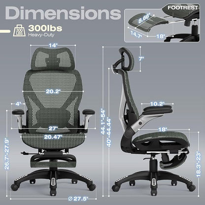 ELABEST X100 Ergonomic Mesh Office Chair with Footrest, Big and Tall Hone Desk Chair with 5D Flip-Up Arms, Adjustable 3D Lumbar Support,Gaming & Executive Computer Chairs for Long Hours (Dusty Sage)