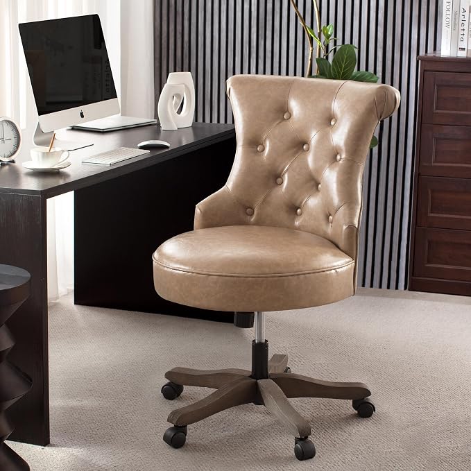 HUIMO Home Office Chair Upholstered Faux Leather PU Armless Desk Chair with Wheels Adjustable Height Computer Desk Chair with Wooden Legs Comfortable Swivel Chair for Study Studio (Light Brown)