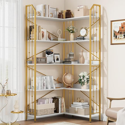 GarveeHome Corner Bookshelf 72" L Shaped Bookcase, Corner Bookshelves Industrial Bookcase 5 Tier L-Shape Bookshelf, Large Bookcases with Beaded Design Tall Display Rack Shelf for Living Room Bedroom
