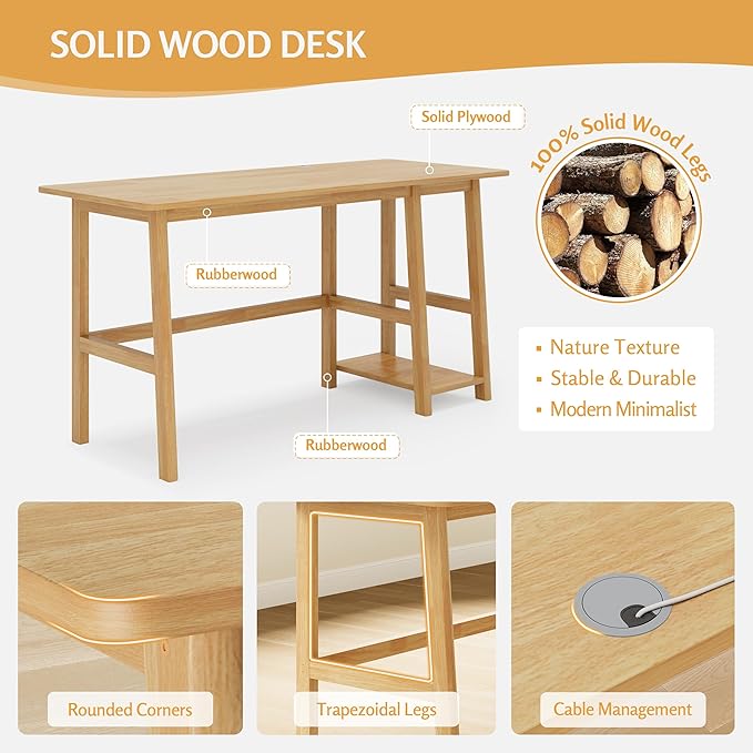 NELYE Solid Wood Computer Desk - 58" W x 24" D Sturdy Computer Workstation with CPU Stand，Modern Minimalist Table for Home Office, Oak