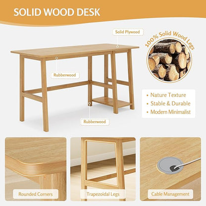 NELYE Solid Wood Computer Desk - 58" W x 24" D Sturdy Computer Workstation with CPU Stand，Modern Minimalist Table for Home Office, Oak