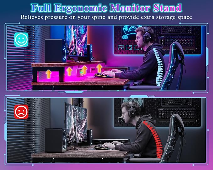 Furologee 47" Gaming Desk with LED Lights & USB-C Port, Reversible Computer Desk with Monitor Stand, Storage Shelves & 2 Fabric Drawers, Home Office Desk with Power Outlets & Hooks, Rustic Brown