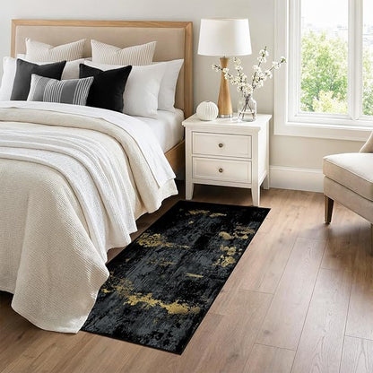 RELEANY Washable Area Rugs 3x6 Non-Slip Modern Abstract Soft for Living Room Entryway Bedroom Kitchen, Print Pattern, Dark Black Gold