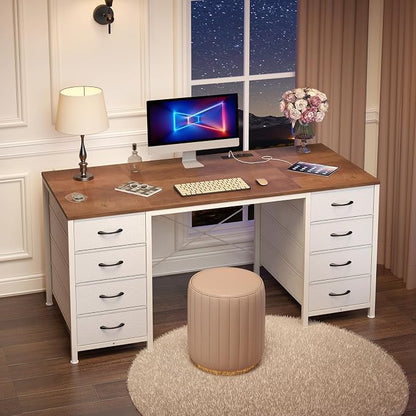 YOMILUVE 50 Inch Computer Desk with 8 Drawers, Home Office Desk with Power Outlets, Work Study Gaming Desk with 8 Fabric Drawers, Brown and White