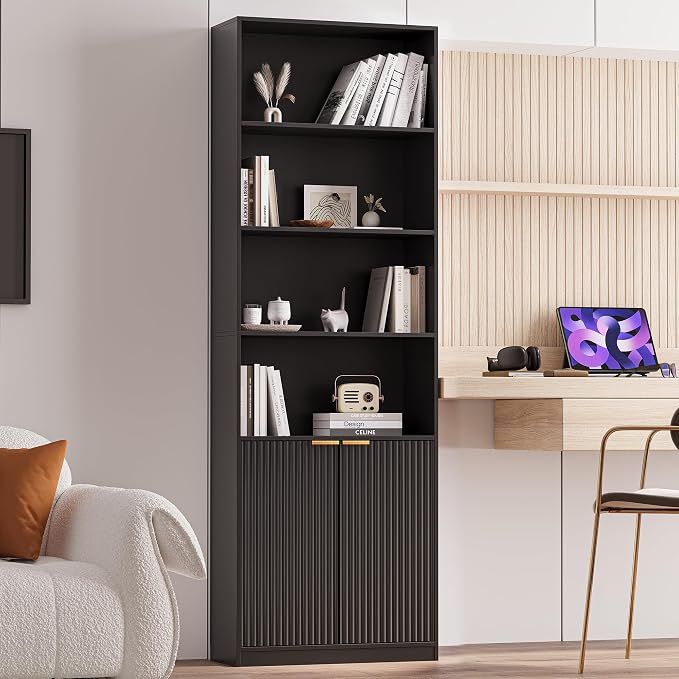 INNOD 69" Tall Book Shelve Bookcases with Doors, Floor Standing 6 Shelf Display Shelves, Freestanding Shelving Unit with Closed Doors for Storage, Home Decor Furniture for Living Room Home Office