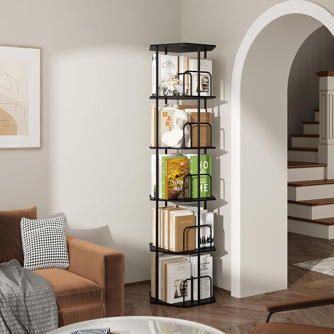 SUNMORY 5 Tier Rotating Bookshelf Tower, Revolving 360 ° Spinning Bookcase, Hexagonal Corner Book Shelf Storage Carousel, Vertical Rotate Turning Organizer Book Shelves for Living Room Office Bedroom