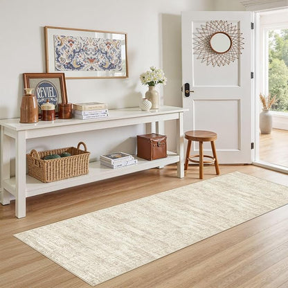 UERMEI 3x8 Washable Runner Rug for Hallway, Non Slip Low Pile Kitchen Carpet, Neutral Modern Abstract Indoor Floor Mat for Entryway Laundry, Kid & Pet Safe High Traffic Area, Beige/Brown