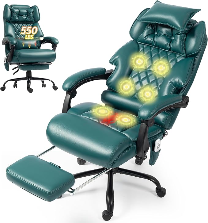 Massage Office Chair with Foot Rest,6 Points Vibration&Heat Executive Office Chairs,Big and Tall Office Chair 500LBS,Ergonomic Desk Chair for Heavy People,Home and Office Computer Chair,Green PU