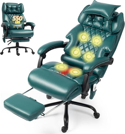 Massage Office Chair with Foot Rest,6 Points Vibration&Heat Executive Office Chairs,Big and Tall Office Chair 500LBS,Ergonomic Desk Chair for Heavy People,Home and Office Computer Chair,Green PU