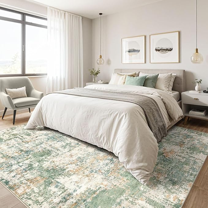 7x10 Area Rug Living Room: Washable Large Abstract Soft Green Rugs Stain Resistant Indoor Floor Non-Slip Accent Carpet for Men Modern Home Enthusiasts Aged 25-45 - Bedroom Office Playroom