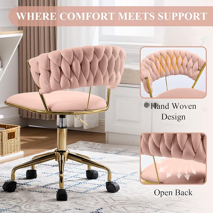 NIOIIKIT Home Office Chair, Velvet Upholstered Task Chair with Woven Open Back, 360° Swivel Desk Chair with Wheels, Adjustable Vanity Chair, Computer Chair for Office, Studio (Pink)