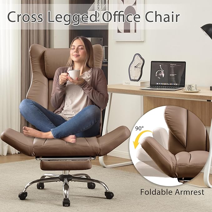 Ergonomic Cross Legged Office Chair with Footrest,Leather Big and Tall Executive Chair with Lumbar Pillow,Reversible Armrest for Pets,155° Reclining Computer Wide Desk Chair for Home,Office, Brown