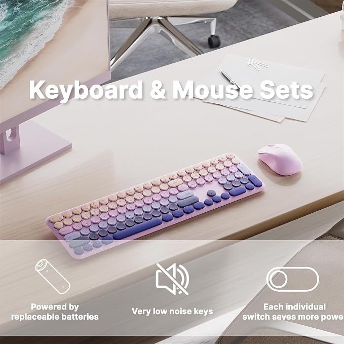 Wireless Keyboard and Mouse Combo with 110 Round Keycaps, Power Switch, and Scissor-Switch Typing Feel – Ideal for Office Use (Blush Pink)
