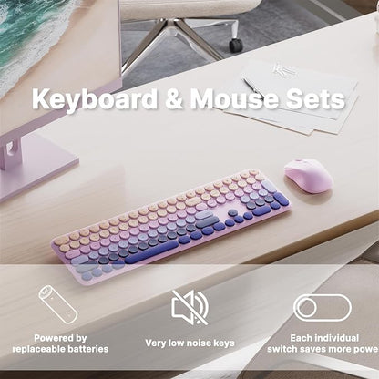 Wireless Keyboard and Mouse Combo with 110 Round Keycaps, Power Switch, and Scissor-Switch Typing Feel – Ideal for Office Use (Blush Pink)