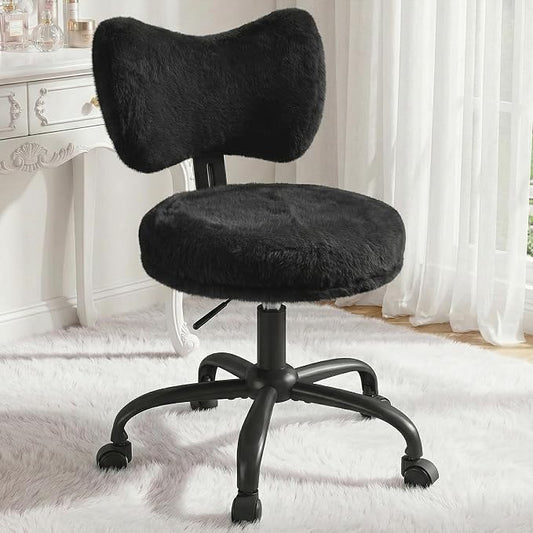 Homkdom Vanity Chair with Wheels, Cute Desk Chair with Bow Backrest, Fluffy Faux Rabbit Fur Small Office Chair for Vanity, Make-up Room, Bedroom, Dorm, Height Adjustable, Black