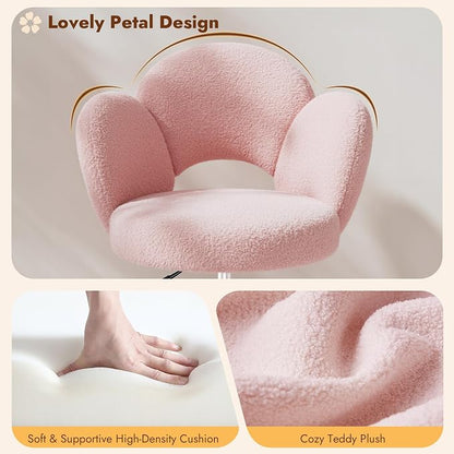 Homkdom Petal Vanity Chair with Wheels, 3.94" Thick Comfy Desk Chair, Swivel Armless Chair with Open Back and Adjustable Height, Ideal for Makeup Study Work and Relaxation, Pink