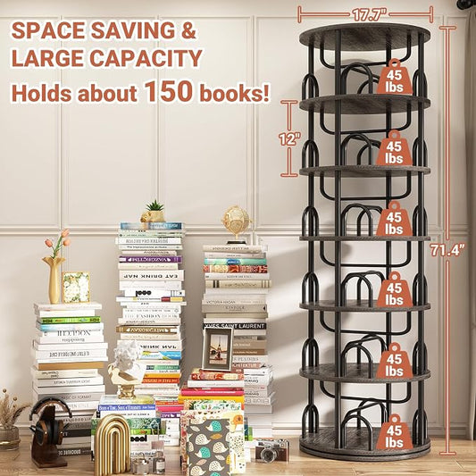 Aheaplus 6 Tier Rotating Bookshelf Tower, Revolving Bookcase, 360° Round Spinning Book Shelf, Narrow Swivel Bookshelves Vertical Turning Corner Bookshelf Organizer for Small Space, Black Oak