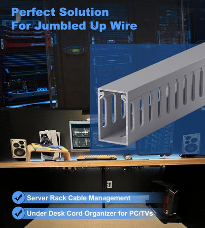 ZhiYo H1.6in W1in Professional Server Rack Cable Management Raceway, 132in (8 x L16.5in) Cable Raceway Kit, Electrically Safe PVC Open Slot Wire Raceway for Under Desk/Computer/Network Cords, Grey