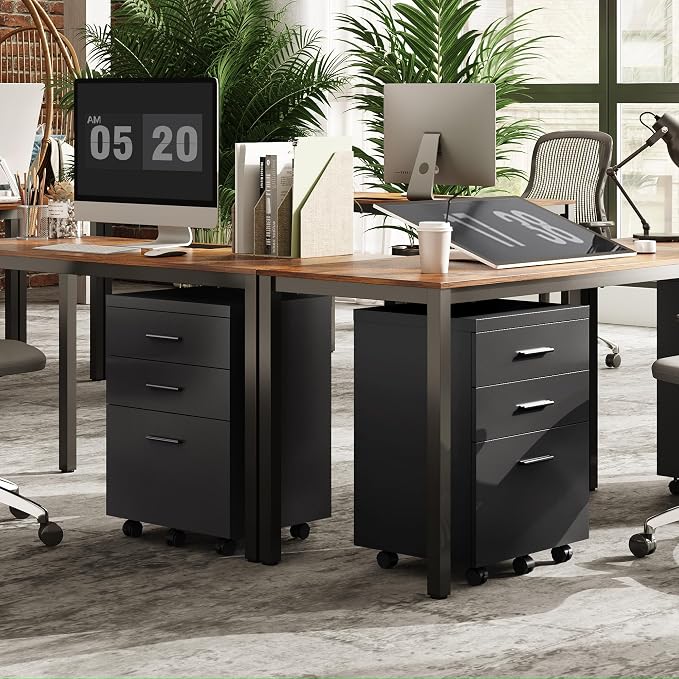 DEVAISE 3 Drawer File Cabinet for Home Office, Wood Under Desk Filing Cabinet, Rolling Printer Stand with Wheels, Black