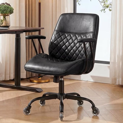 NEO CHAIR Ergonomic Leather Office Desk Chair with Fixed Armrests Mid Back Lumbar Support Swivel Executive Computer Chair with Wheels Comfy Home Office Chair for Adults (Black)