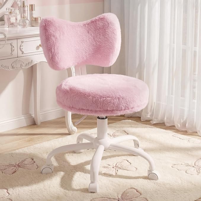 Homkdom Vanity Chair with Bow Back for Bedroom Faux Rabbit Fur Pink | High-Density Foam, Height Adjustable, swivel, 300 lbs,easy assembly for Teens， Make-up Room, Bedroom, Dorm, Study Room