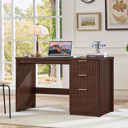 LEYAOYAO Office Desk 48" with 3 Drawers Storage File Cabinet Wood Fluted Desk for Computer Office Bedroom Home Furniture Walnut