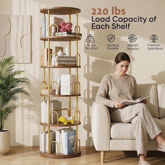 5-Tier Rotating Bookshelf, 360° Round Spinning Book Shelf Tower, Tall Skinny Wood & Metal Bookshelf for Corner/Office/Home, Modern Industrial Vintage Style