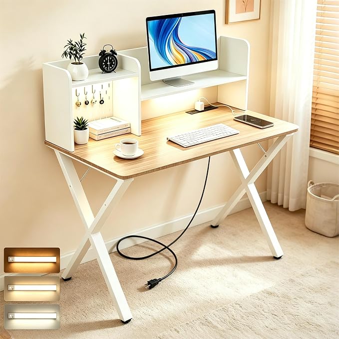 44"×24" White Computer Desk Home Office Gaming Desk with Charging Station Pegboard Motion Sensor Light, Modern Study Desk for Bedroom Living Room Game Kids Room Nursery