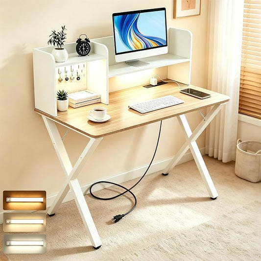 44"×24" White Computer Desk Home Office Gaming Desk with Charging Station Pegboard Motion Sensor Light, Modern Study Desk for Bedroom Living Room Game Kids Room Nursery