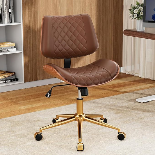 Home Office Desk Chair with Swivel Wheels, Modern PU Leather Armless Office Chair, Small Mid Back Computer Chair for Home Office, Reading Meeting Room (Coffee Brown, Gold Wheels)