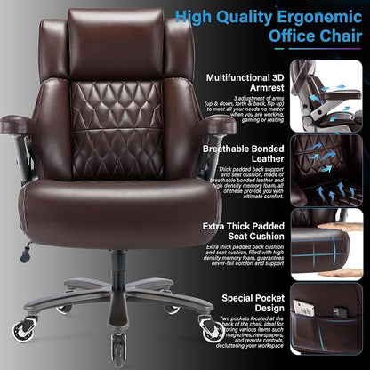 Big and Tall 700lbs Office Chair - Adjustable Lumbar Support 3D Flip Arms Heavy Duty Metal Base&Wheels, High Back Large Executive Computer Desk Chair, Thick Padded Ergonomic Design for Back Pain