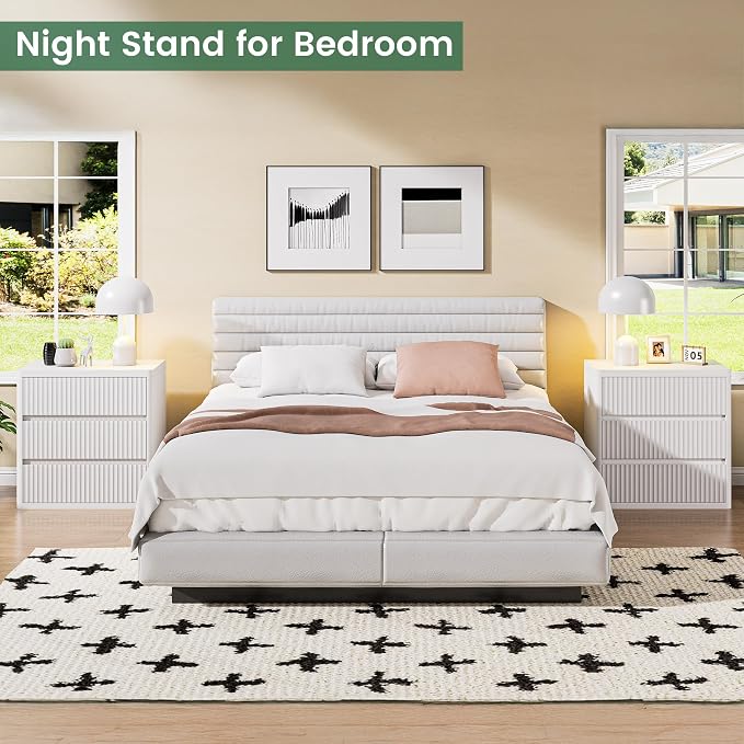 White Nightstand Set of 2, 3 Drawers Night Stand Set, Mid Century Modern Bed Side Table, Large Fluted End Table for Bedroom Living Room Sofa Couch Home Office, Bedside Table with Storage, 24.8” Wide