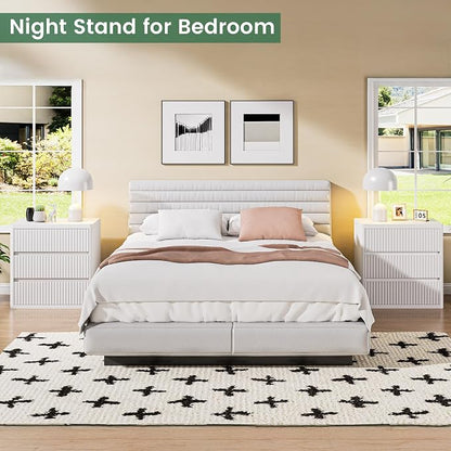 White Nightstand with 3 Drawers, Fluted Nightstand with Large Storage, Modern Handleless Design Bedside Table for Bedroom, End Table for Living Room, Unique Curved Profile Side Table