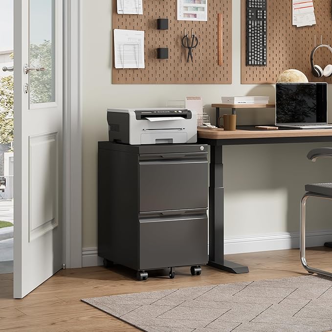 Bestoo Mobile File Cabinet with Lock, 2 Drawer Filing Cabinet, Under Desk Metal Rolling Filing Cabinets for Home Office, Fits Letter/Legal/A4 Size File, Easy Assembly