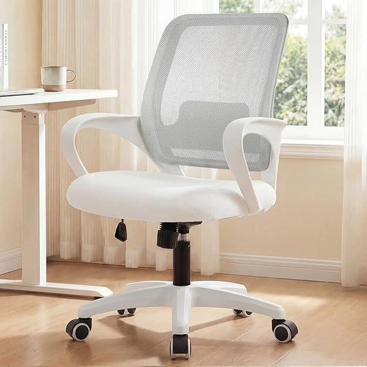 NEO Chair Office Desk Computer Ergonomic Chair Comfy Mid Back Mesh Seat with Lumbar Support Adjustable Height Swivel Rolling Wheels for Home Task Vanity Study Bedroom (Ivory-White Frame)