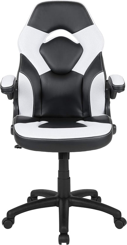 Flash Furniture X10 High-Back LeatherSoft Racing Style Gaming Chair with Flip-Up Arms, Ergonomic Padded Swivel Computer Chair, White/Black