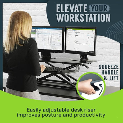 TechOrbits Standing Desk Converter - 32 Inch Adjustable Sit to Stand Up Workstation, Particle Board, Dual Monitor Desktop Riser with Keyboard Tray, for Home Office Laptop, Black 32"