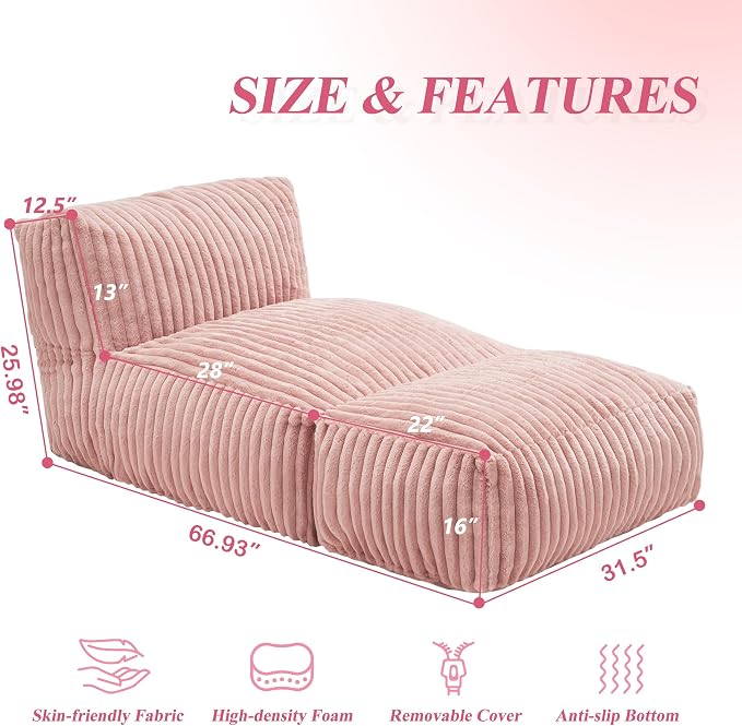 Hobestluk Giant Memory Foam Bean Bag Chairs Sofa for Adults (Pink,Large) | Soft Fabric,Ergonomic Back Support,Lightweight,Easy Clean,No Assembly,Wear-resisting,For Livingroom Guest room,Well-looking