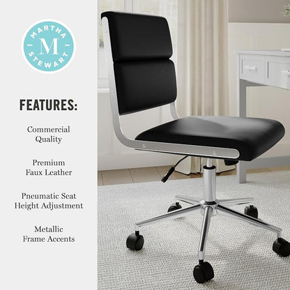 Martha Stewart Lulu Swivel Task Chair with Height Adjustable Seat for Home Office in Black Faux Leather with Polished Nickel Frame
