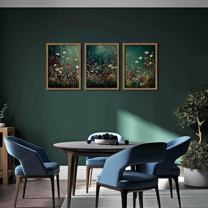 Vintage Wildflower Wall Art Set of 3, Moody Dark Green Flower Botanical Wall Decor Paintings,Nature Floral Farmhouse Landscape Posters Prints Pictures for Living Room Bedroom 16x24 Inch Wood Framed