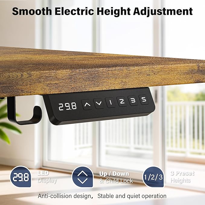 Electric Standing Desk, 63 x 30 Inch Extra Large Desktop, Adjustable Height Sit Stand Desk, Home Office Workstation for Dual & Triple Monitor, Rustic Brown