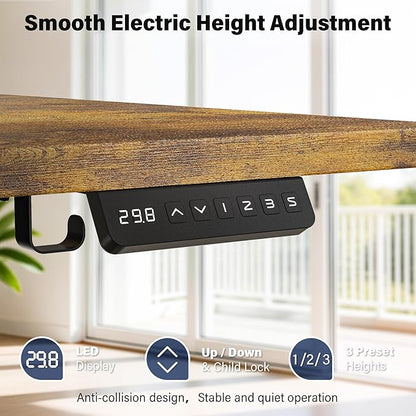 Electric Standing Desk, 63 x 30 Inch Extra Large Desktop, Adjustable Height Sit Stand Desk, Home Office Workstation for Dual & Triple Monitor, Rustic Brown