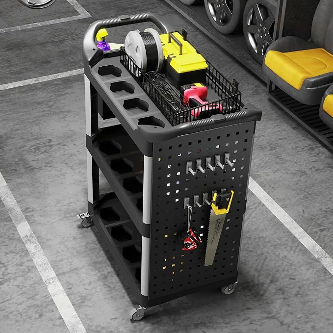 HOMCOM 3 Tier Utility Cart on Wheels, Rolling Tool Storage with Pegboards and Bucket, 200 LBS Load Capacity Plastic Service Cart for Garage, Warehouse, Workshop, Black and Light Gray